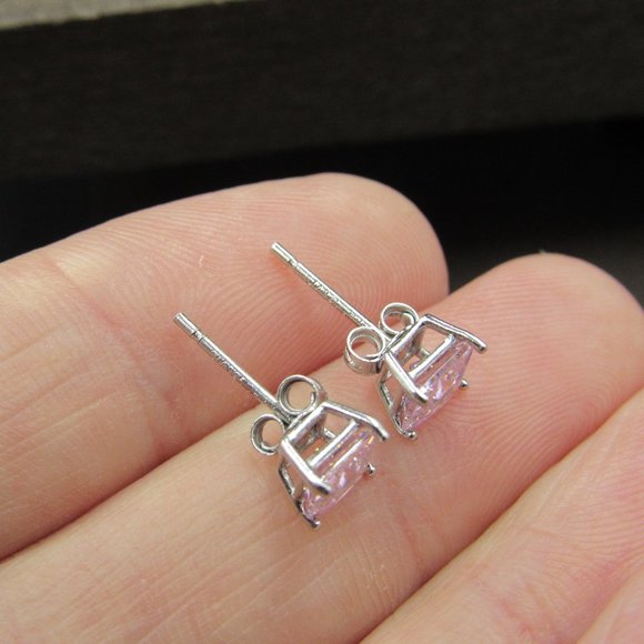 Sterling Small Cubic Zirconia Pink Square Earrings - Picture 4 of 7